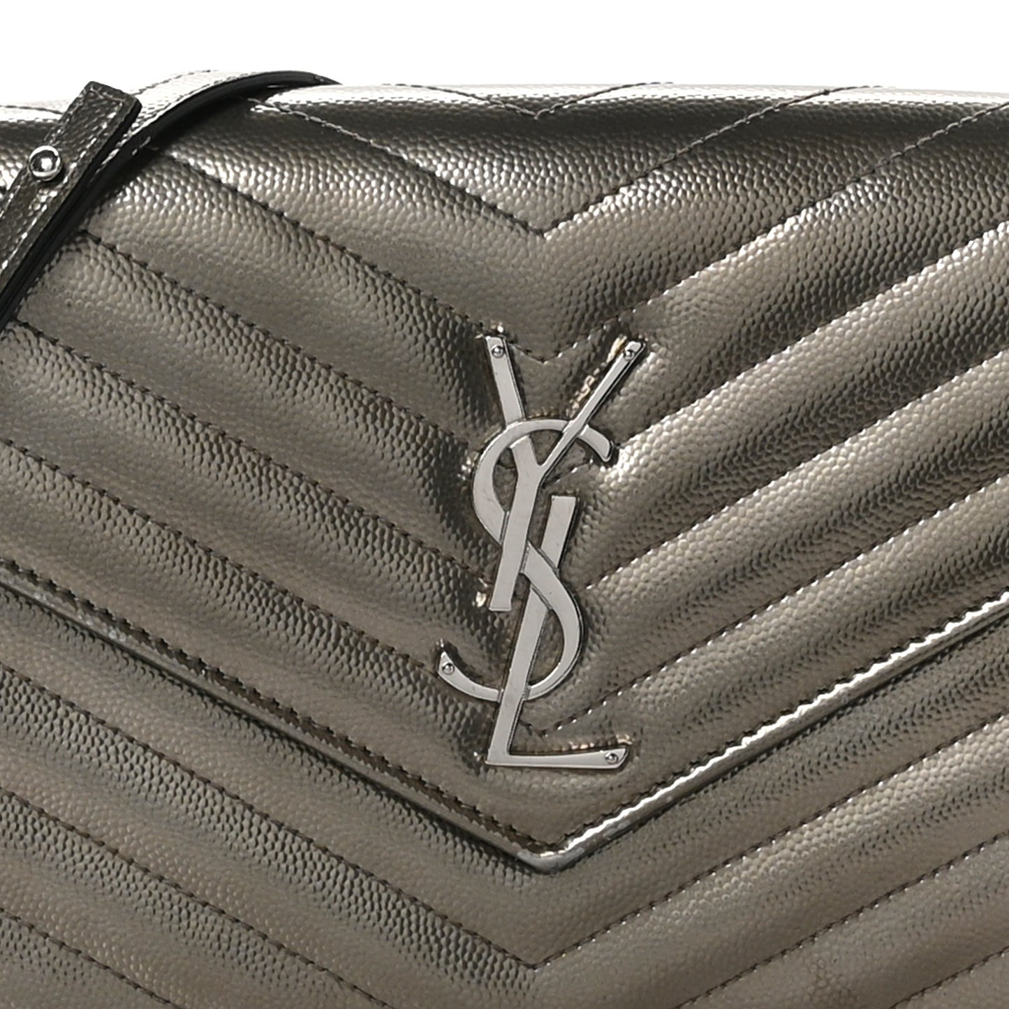 Metallic Grain De Poudre Matelasse Chevron Monogram Envelope Chain Wallet Piombo