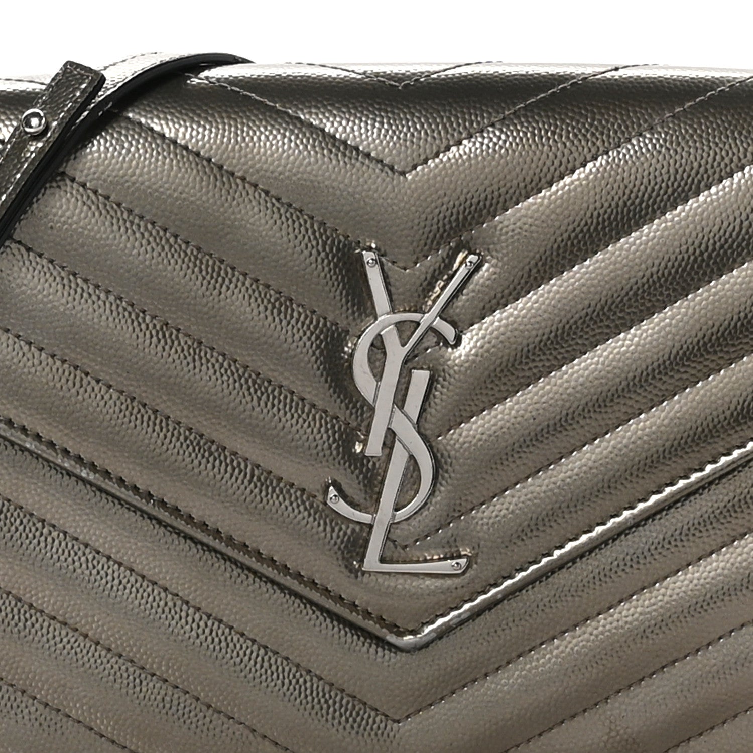 Saint Laurent Metallic Grain De Poudre Matelasse Chevron Monogram Envelope Chain Wallet Piombo 8 of 13