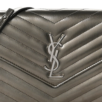 Saint Laurent Metallic Grain De Poudre Matelasse Chevron Monogram Envelope Chain Wallet Piombo 8 of 13