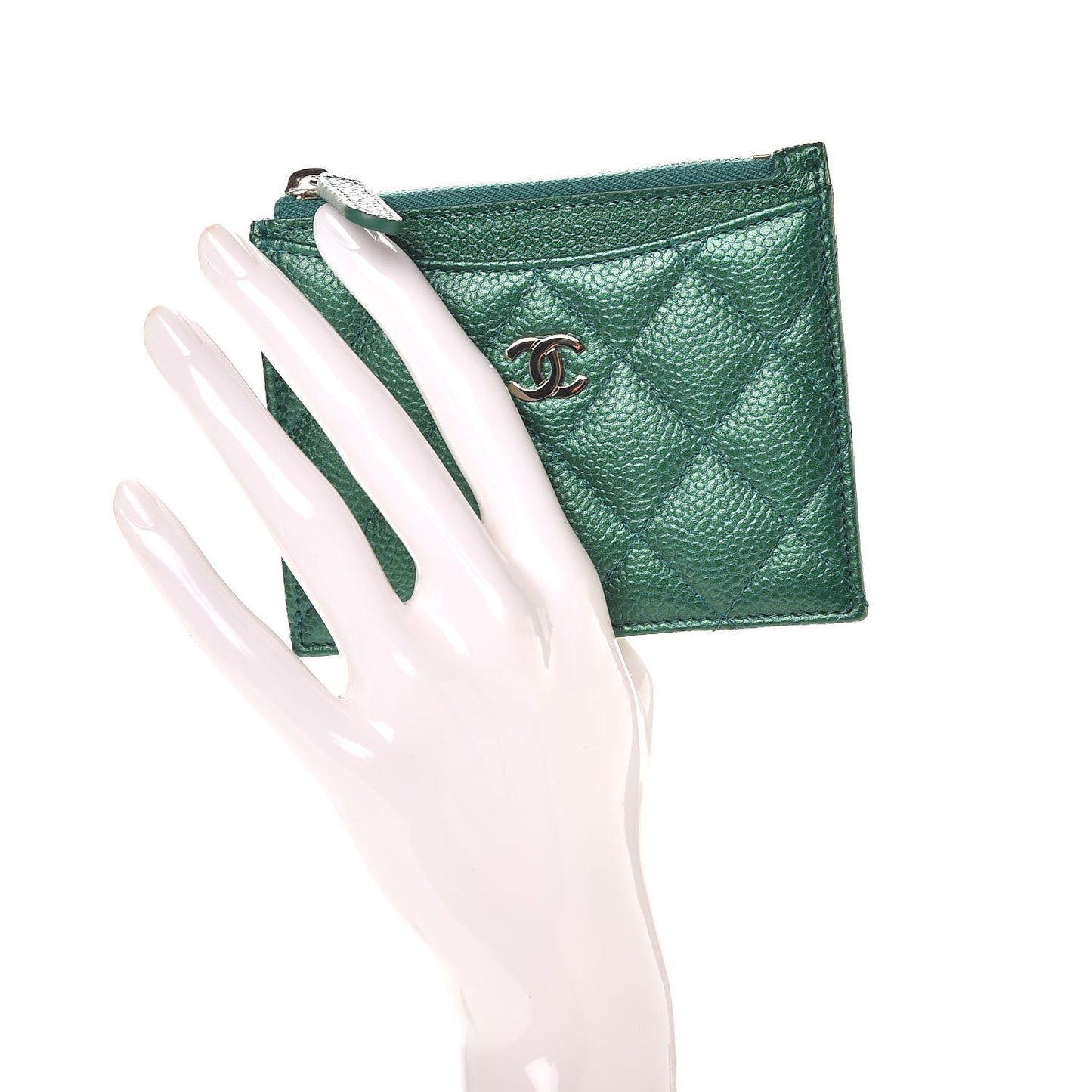 Metallic Caviar Quilted CC Zip Card Holder Green