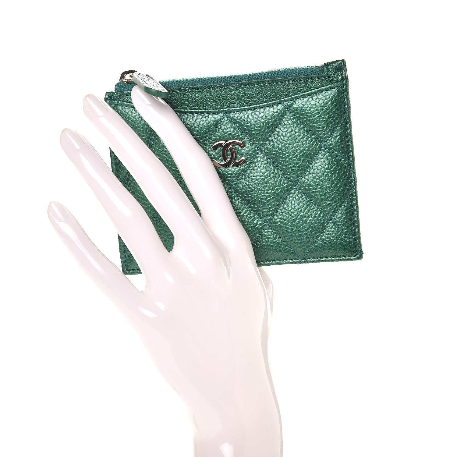 Chanel Metallic Caviar Quilted CC Zip Card Holder Green 2 of 8