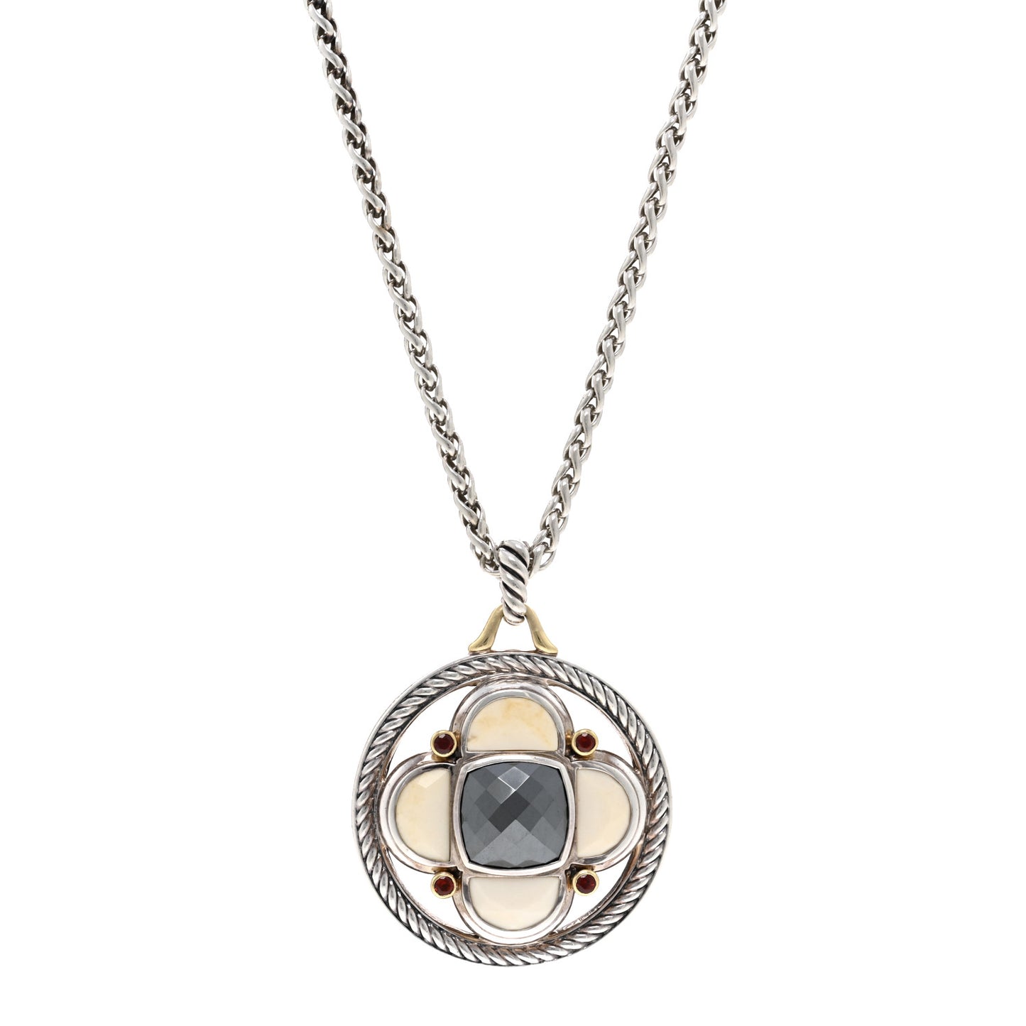 Sterling Silver 18K Yellow Gold White Agate Hematite Garnet Half Moon Renaissance Enhancer Pendant Necklace