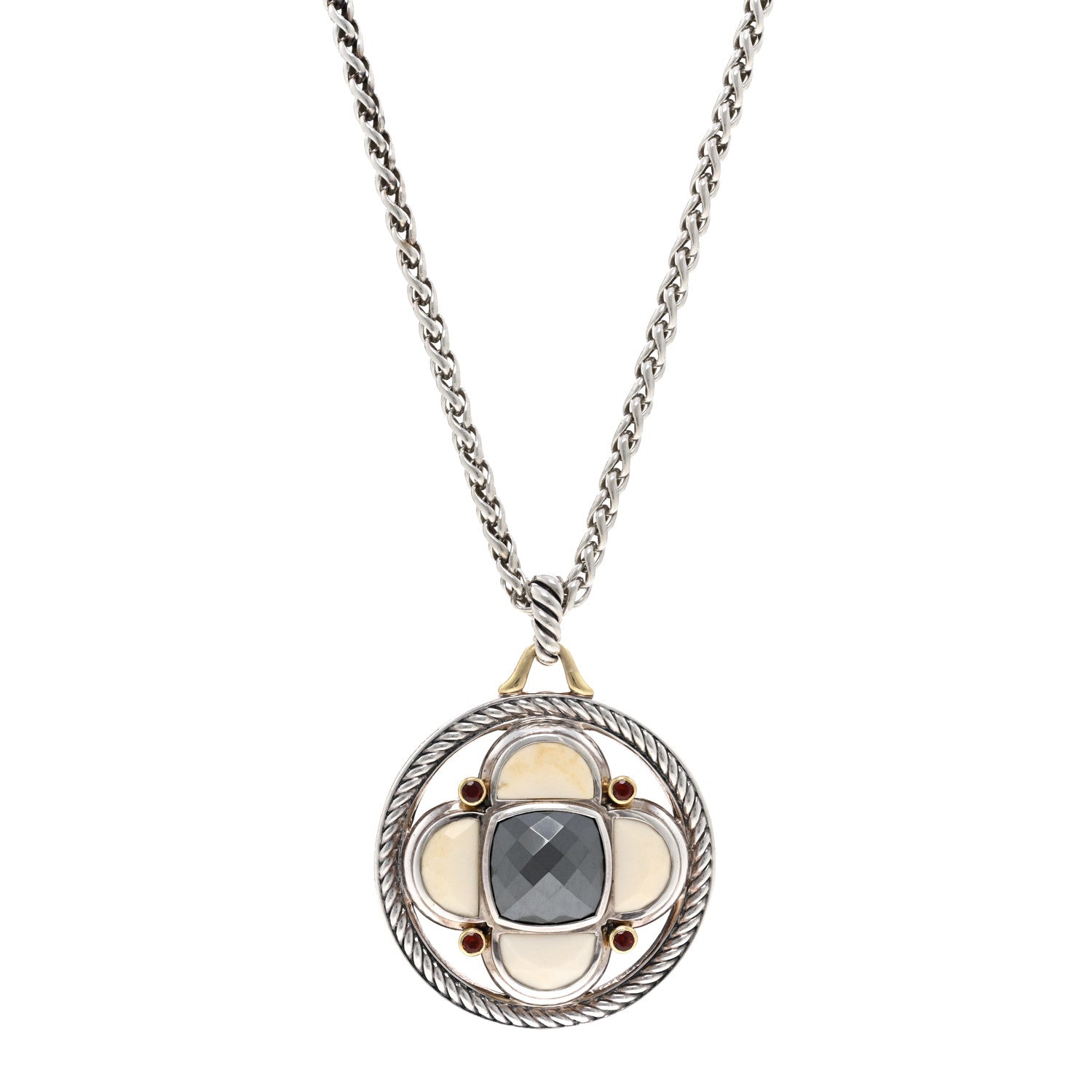 David Yurman Sterling Silver 18K Yellow Gold White Agate Hematite Garnet Half Moon Renaissance Enhancer Pendant Necklace 1 of 4