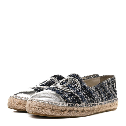 Chanel Metallic Tweed Lambskin CC Espadrilles 38 Blue Black Silver 3 of 13