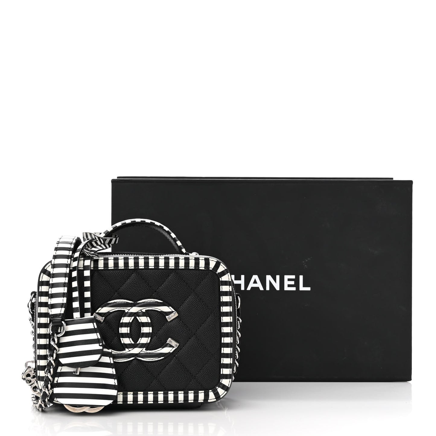 Caviar Quilted Striped Small CC Filigree Vanity Case Black White