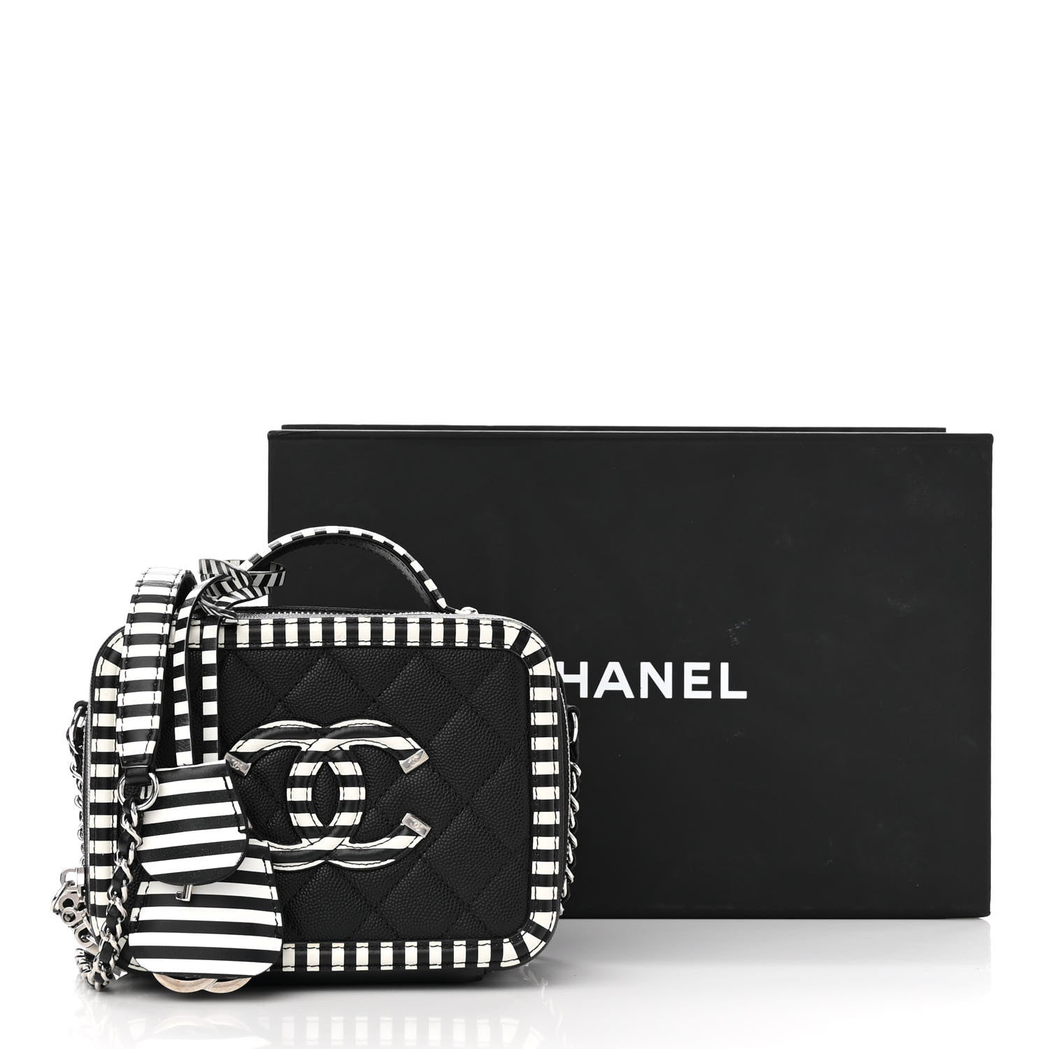 Chanel Caviar Quilted Striped Small CC Filigree Vanity Case Black White 13 of 13