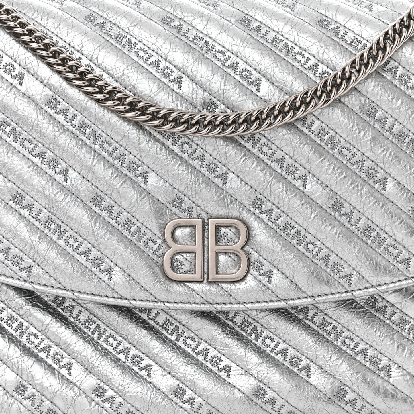 Metallic Arena Calfskin Logo Matelasse Large BB Flap Chain Shoulder Bag Argent