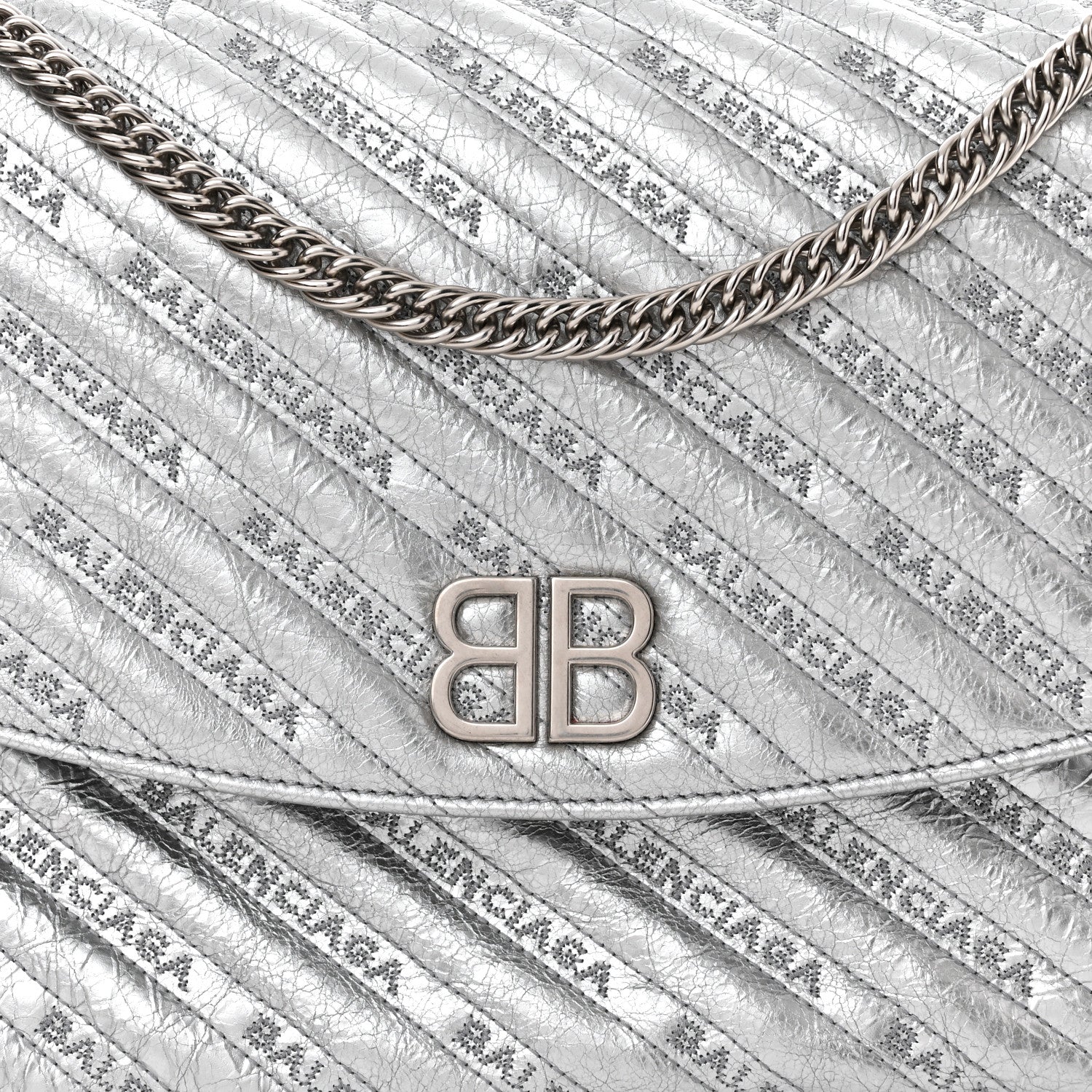 Balenciaga Metallic Arena Calfskin Logo Matelasse Large BB Flap Chain Shoulder Bag Argent 7 of 9