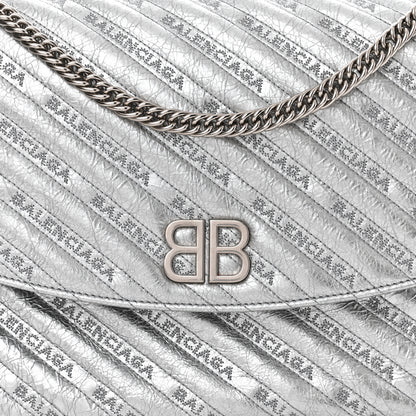 Balenciaga Metallic Arena Calfskin Logo Matelasse Large BB Flap Chain Shoulder Bag Argent 7 of 9