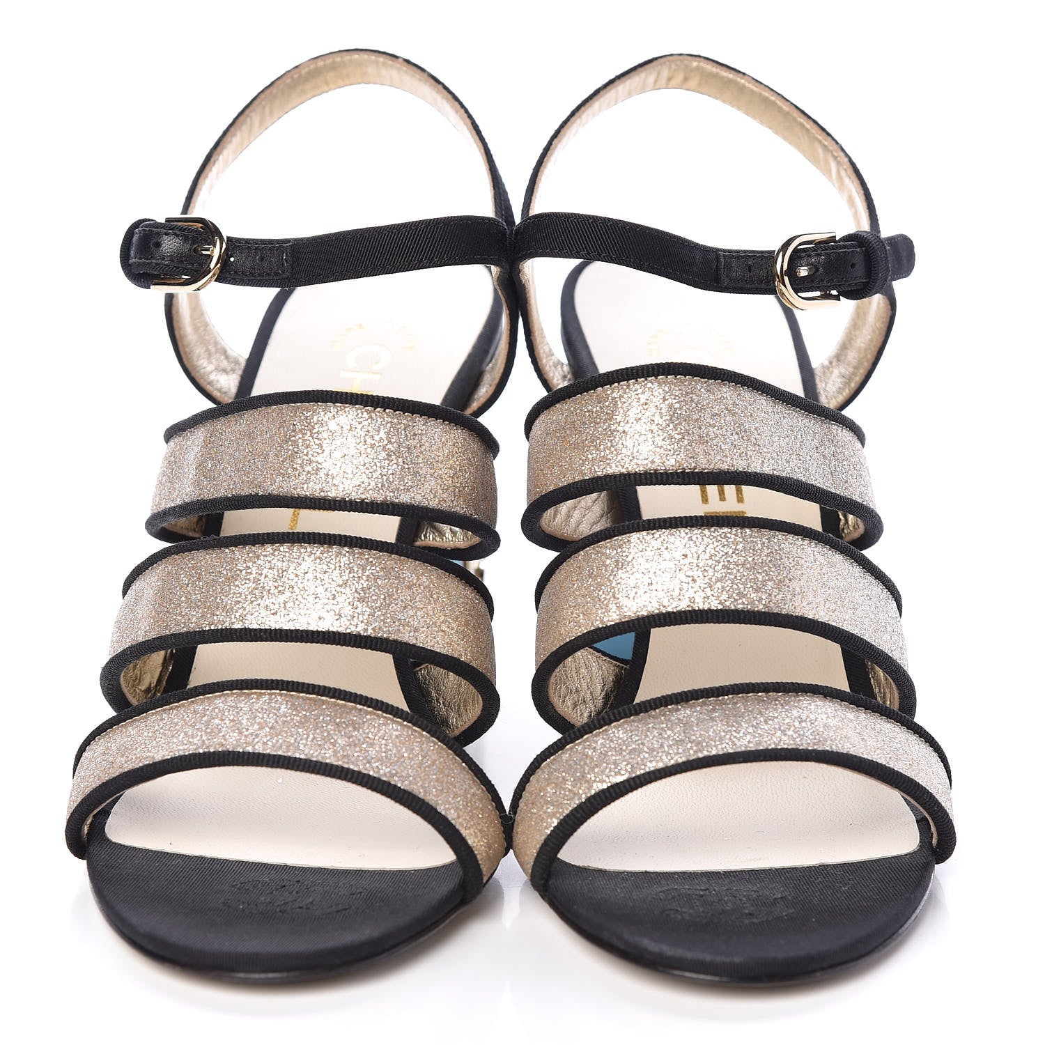 Chanel Sequin Grosgrain Logo Sandals 39 Black Gold 2 of 8