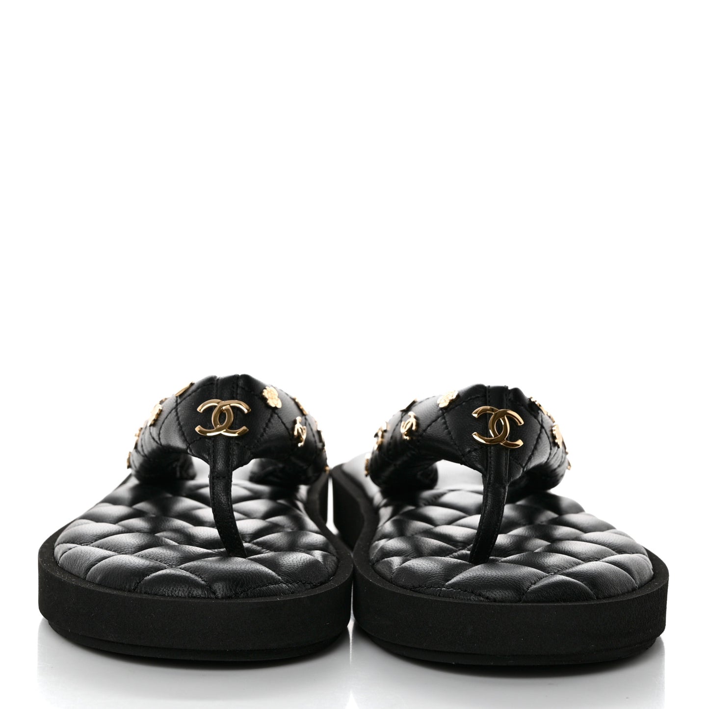 Lambskin Quilted Padded Charms Thong Sandals 39.5 Black