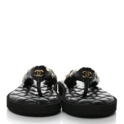 Chanel Lambskin Quilted Padded Charms Thong Sandals 39.5 Black 2 of 8