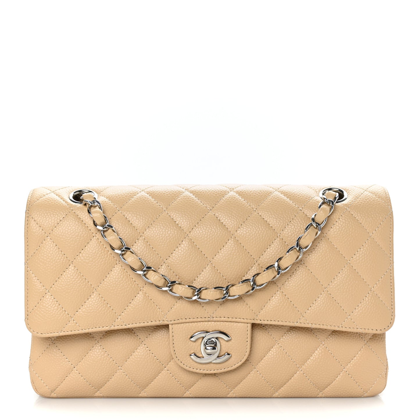 Caviar Quilted Medium Double Flap Beige