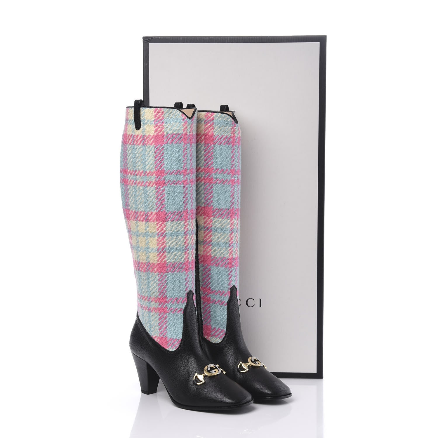 Gucci Tweed Wrinkled Kid Plaid Zumi Knee Boots 37 Black Pink Blue 8 of 8