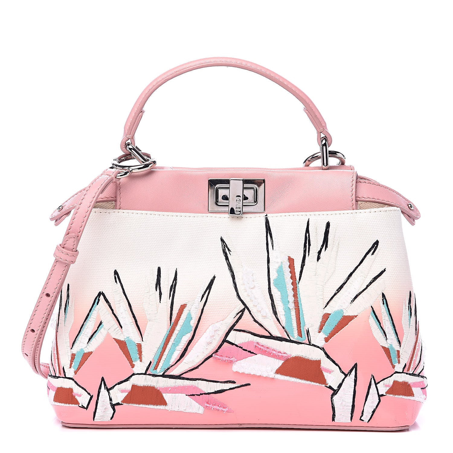 Fendi Nappa Canvas Patent Ombre Embroidered Bird Of Paradise Mini Peekaboo Iconic Satchel Pink 1 of 16