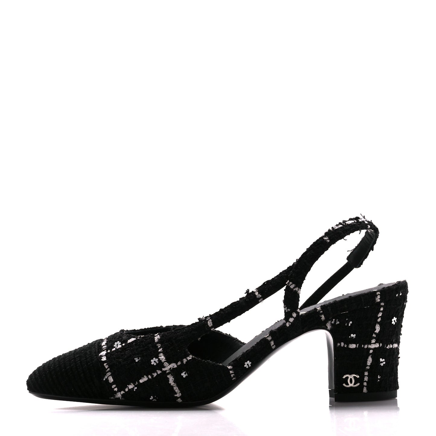 Tweed Sequins Corduroy Cap Toe CC Slingback Pumps 38 Black White