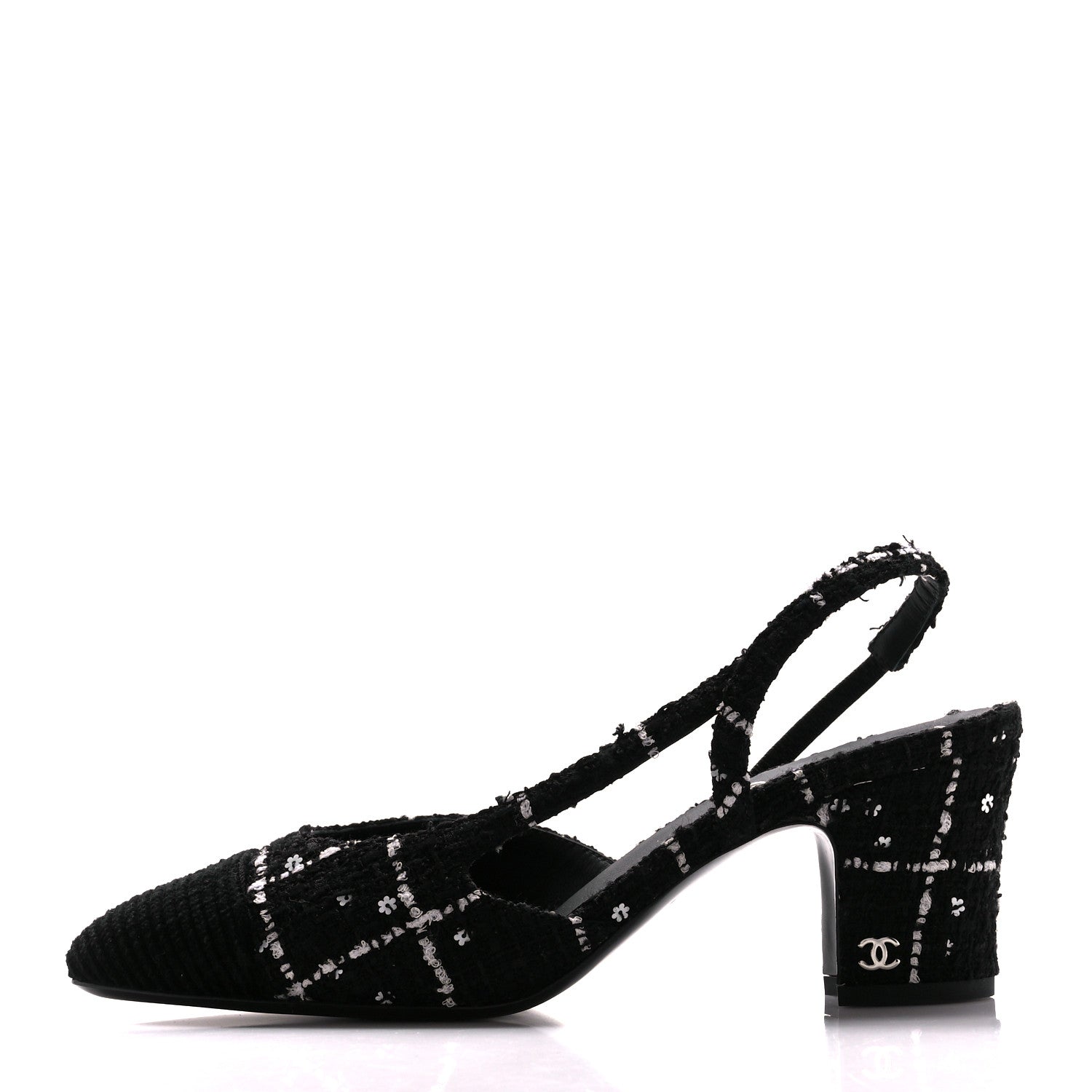 Chanel Tweed Sequins Corduroy Cap Toe CC Slingback Pumps 38 Black White 1 of 9