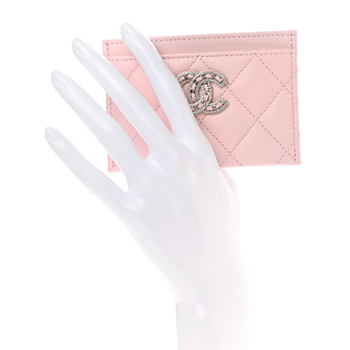 Caviar Quilted Crystal Card Holder Pink