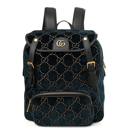 Gucci Velvet GG Monogram Textured Calfskin Web Small Double Buckle Backpack Blue Beige Black 1 of 10