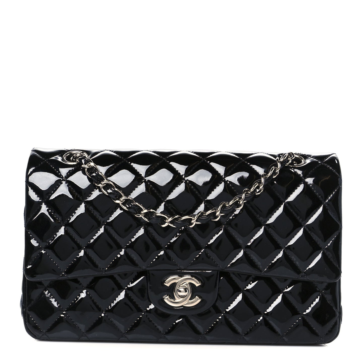 Patent Quilted Medium Double Flap Black