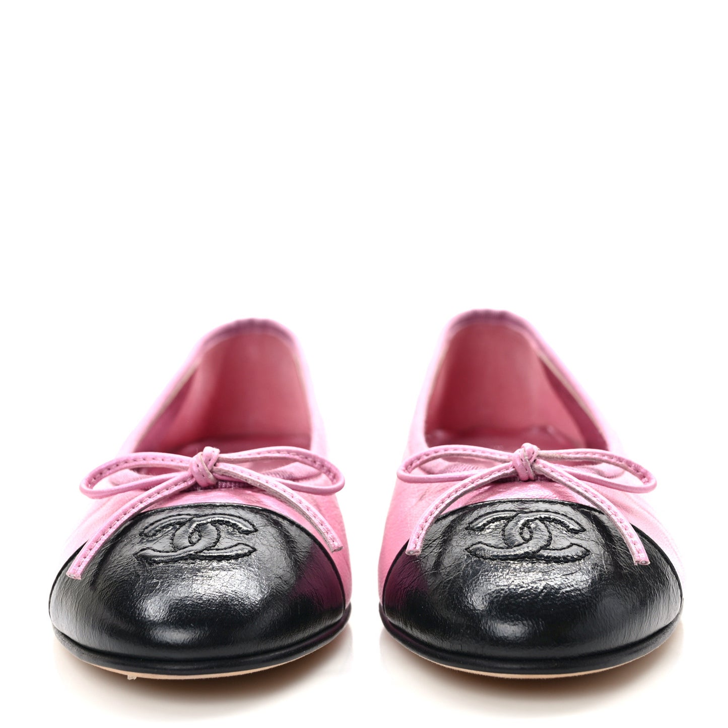 Laminated Crumpled Lambskin Cap Toe CC Ballerina Flats 36.5 Pink Black