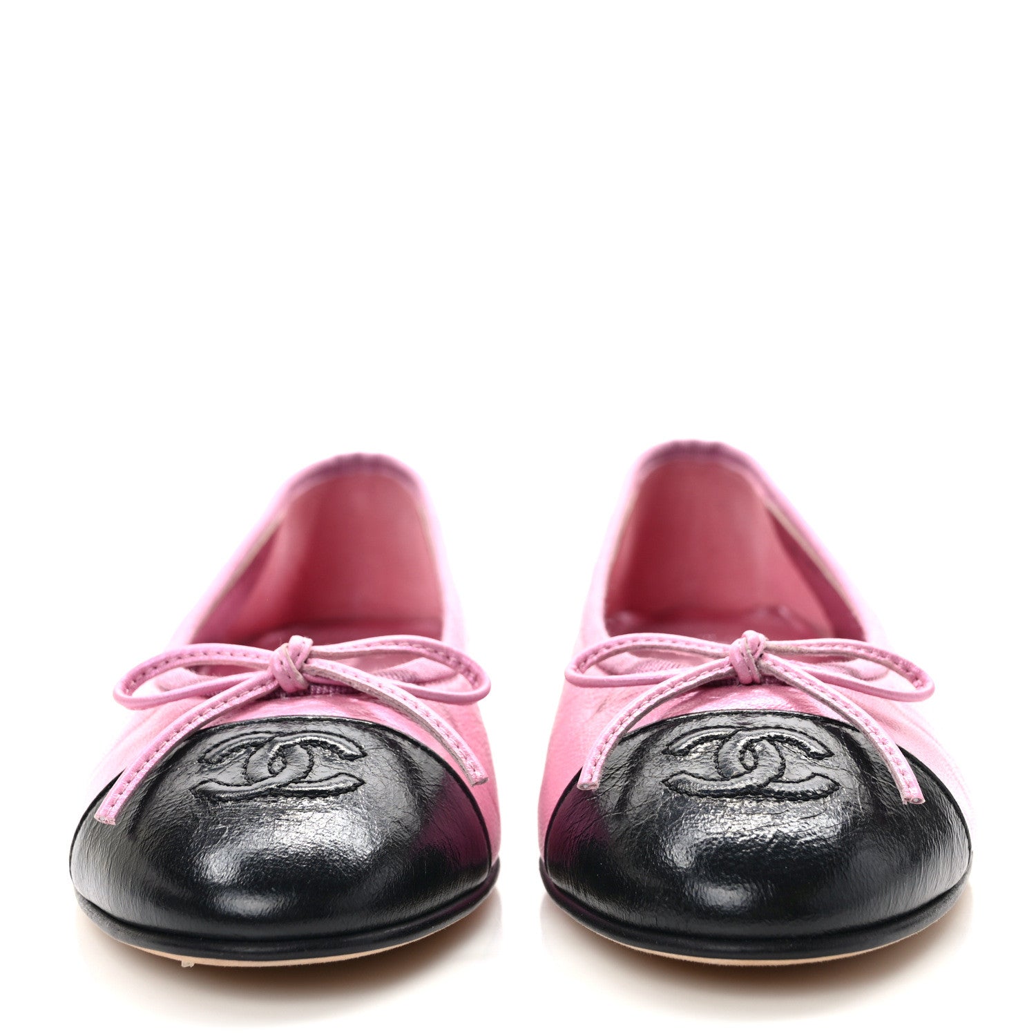 Chanel Laminated Crumpled Lambskin Cap Toe CC Ballerina Flats 36.5 Pink Black 2 of 8