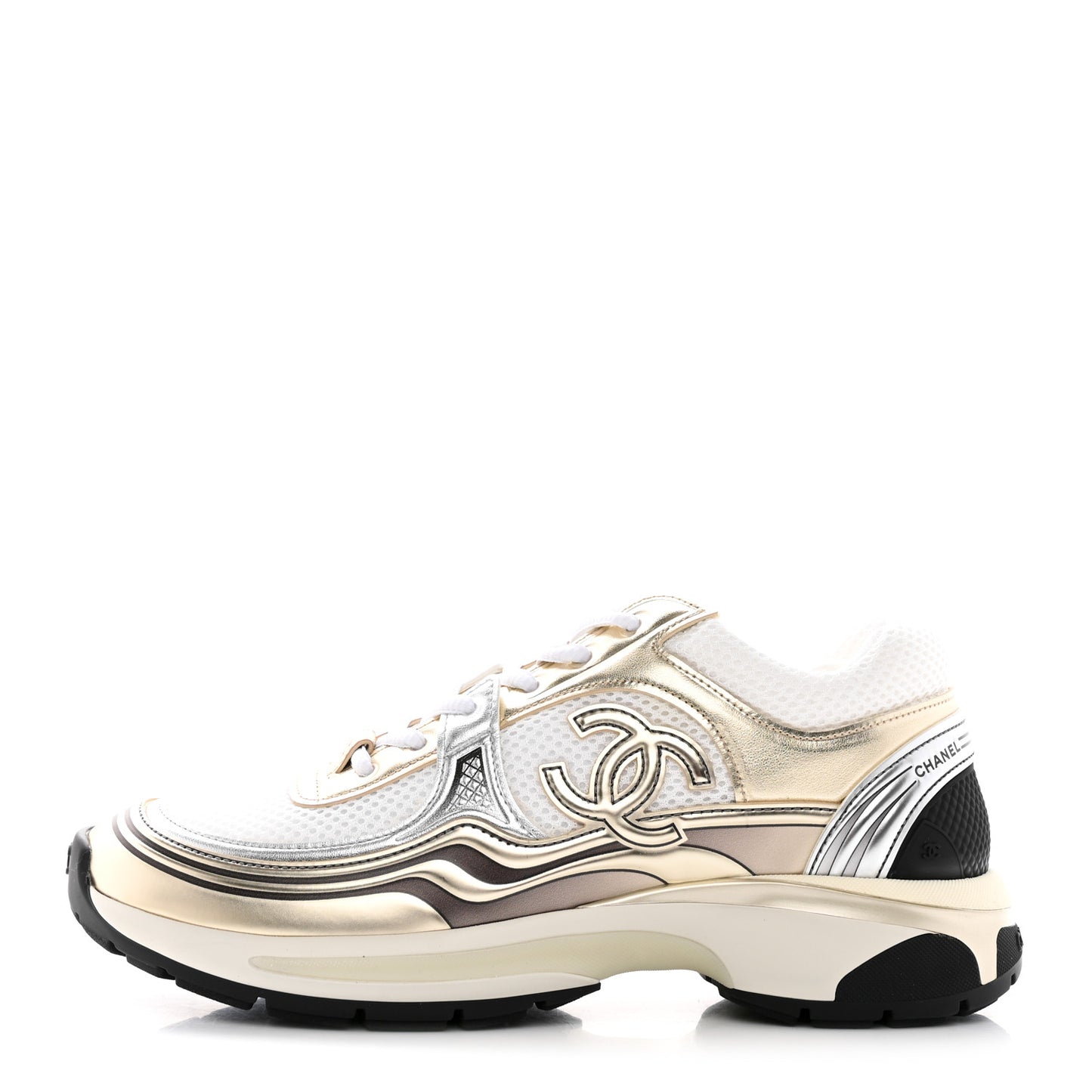 Fabric Laminated Calfskin Stretch CC Womens Sneakers 39 White Gold Silver