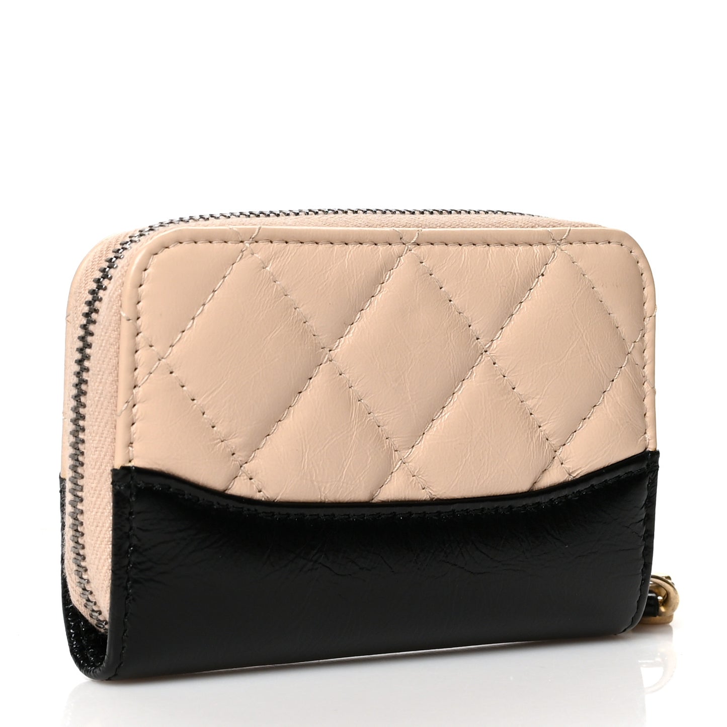Aged Calfskin Quilted Gabrielle Zip Around Coin Purse Wallet Beige Black