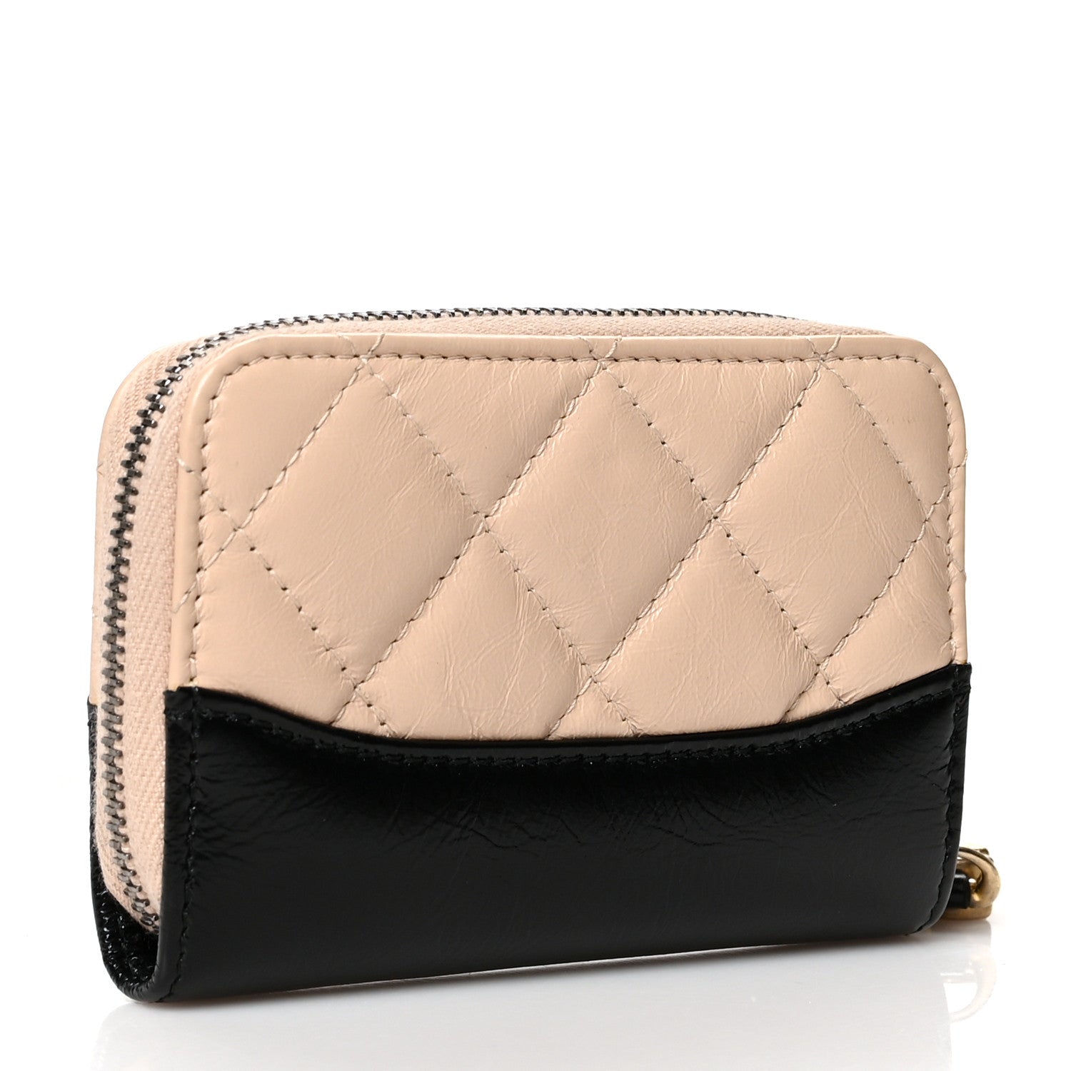 Chanel Aged Calfskin Quilted Gabrielle Zip Around Coin Purse Wallet Beige Black 3 of 8