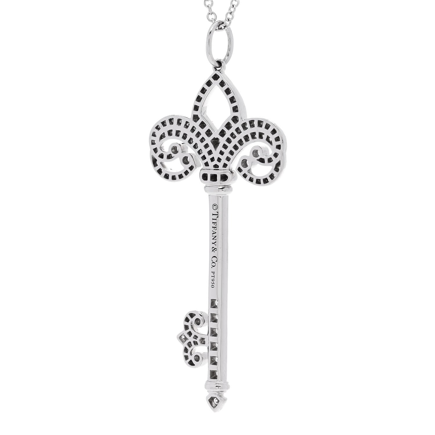 Tiffany Platinum Diamond .37ct Fleur De Lis Key Pendant Necklace 6 of 7
