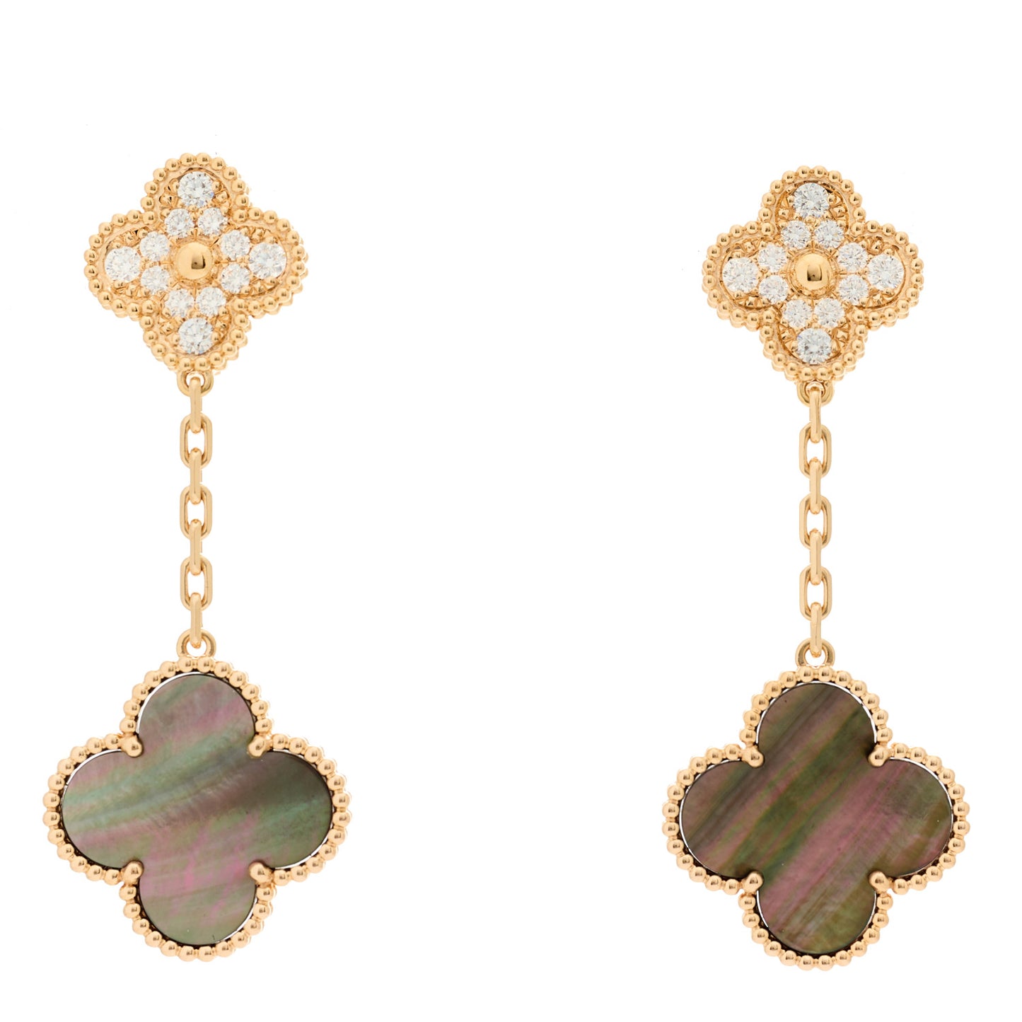 18K Rose Gold Diamond Grey Mother of Pearl Magic Alhambra 2 Motifs Earrings