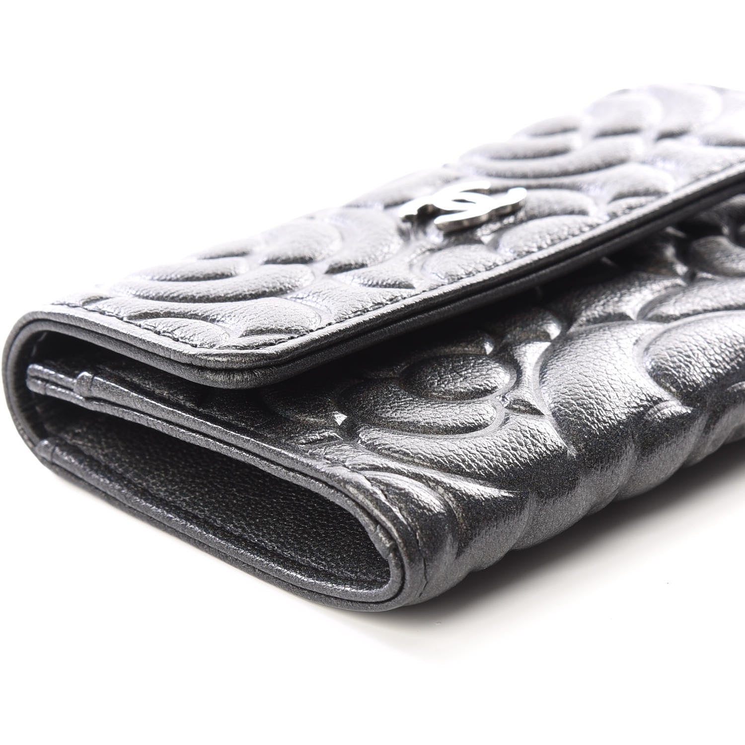 Chanel Goatskin Camellia Embossed Flap Card Holder Wallet Grey 5 of 11