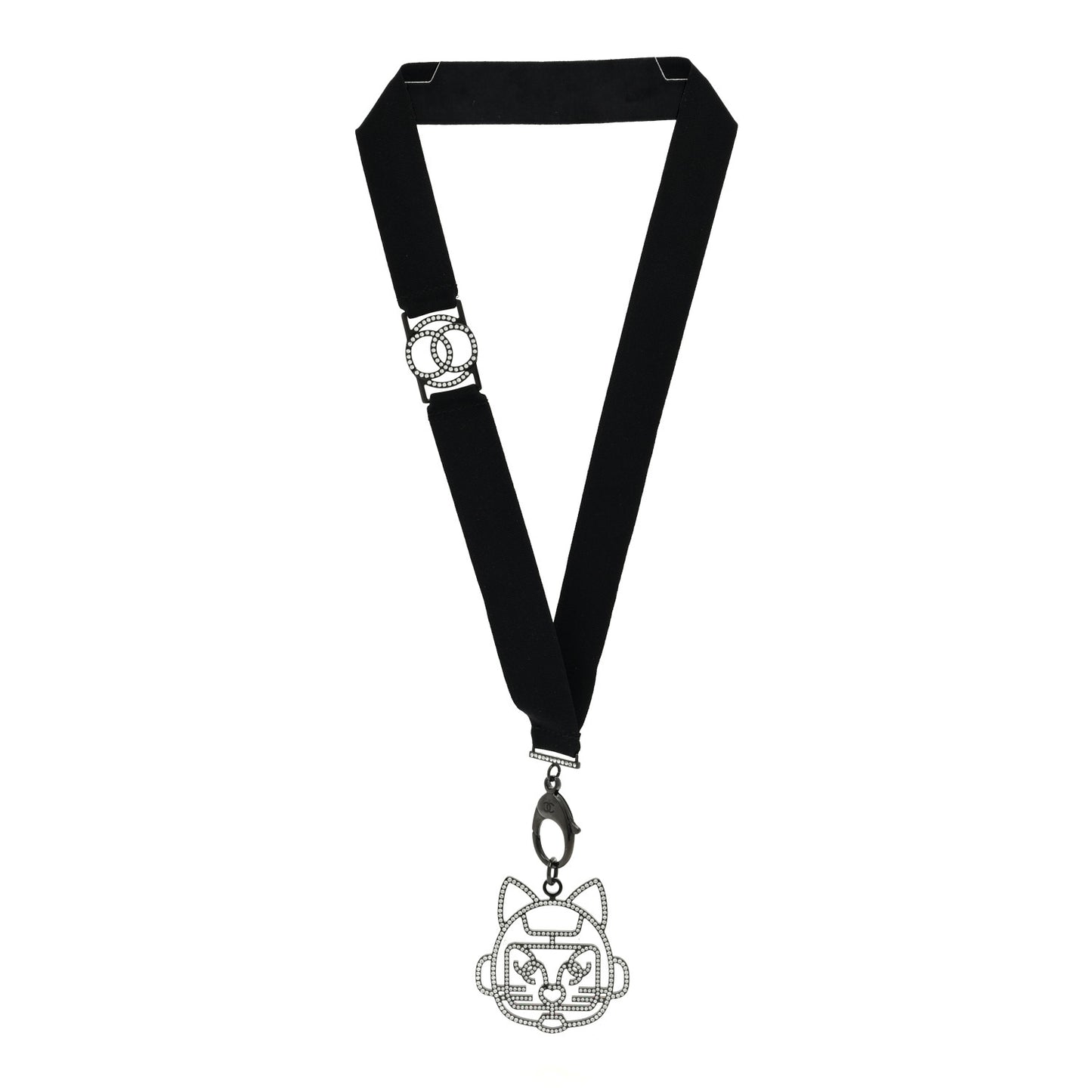 Crystal CC Emoji Robot Cat Lanyard Necklace Black Silver