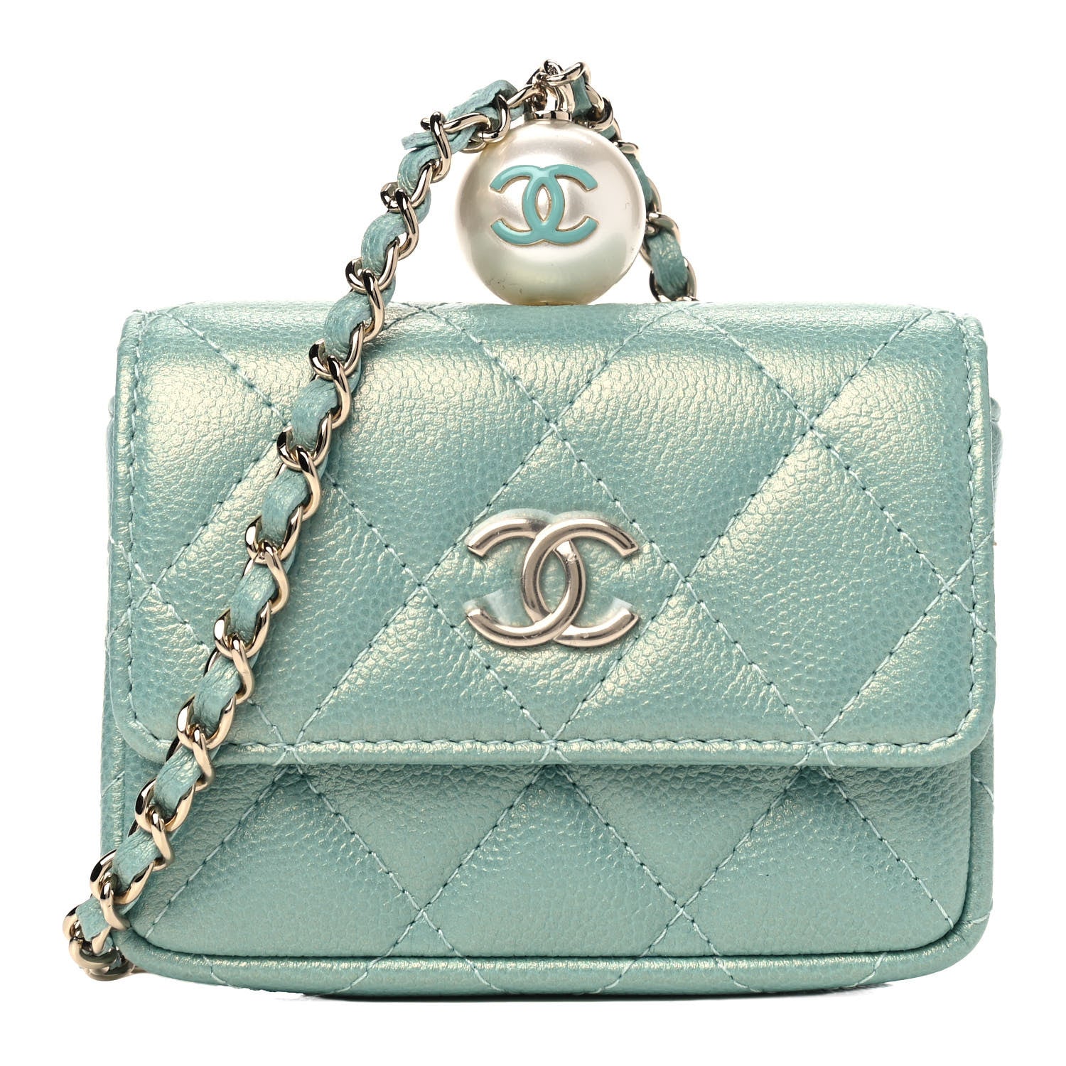 Chanel Iridescent Caviar Quilted Pearl On Top Coin Purse With Chain Light Green 1 of 5
