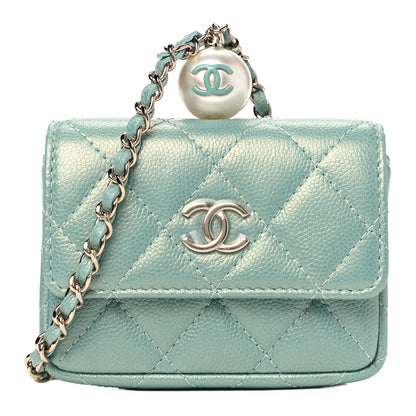 Chanel Iridescent Caviar Quilted Pearl On Top Coin Purse With Chain Light Green 1 of 5