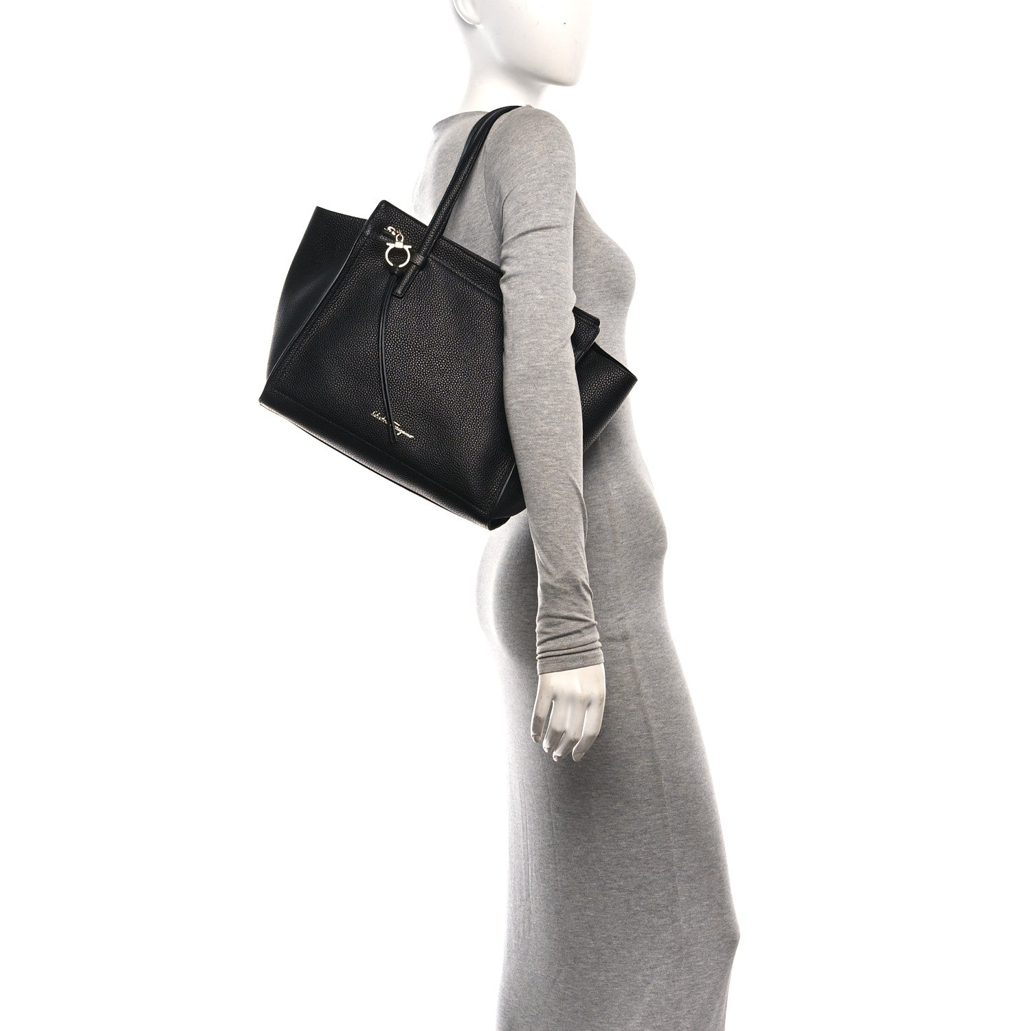 Salvatore Ferragamo Hammered Calfskin Double Handle Medium Amy Tote Black 2 of 11