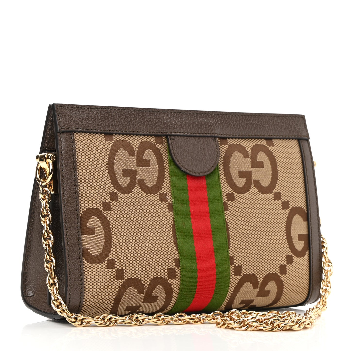 Monogram Jumbo GG Textured Dollar Calfskin Web Small Ophidia Chain Shoulder Bag Camel Ebony New Acero
