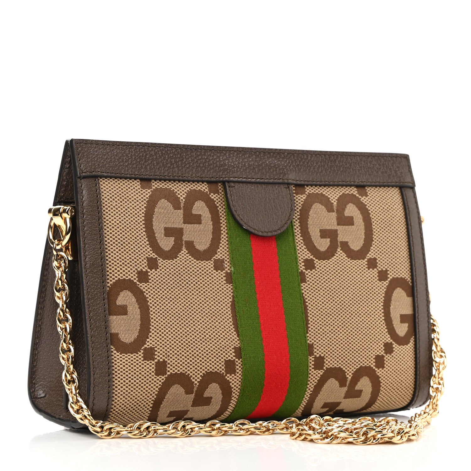Gucci Monogram Jumbo GG Textured Dollar Calfskin Web Small Ophidia Chain Shoulder Bag Camel Ebony New Acero 3 of 11