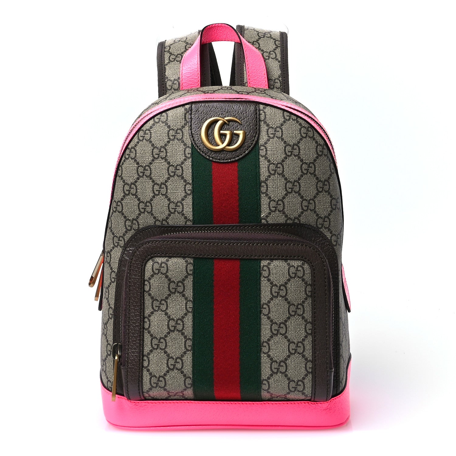 Gucci GG Supreme Monogram Textured Dollar Calfskin Web Small Ophidia Day Backpack Beige Ebony Fluorescent Fuchsia 1 of 10
