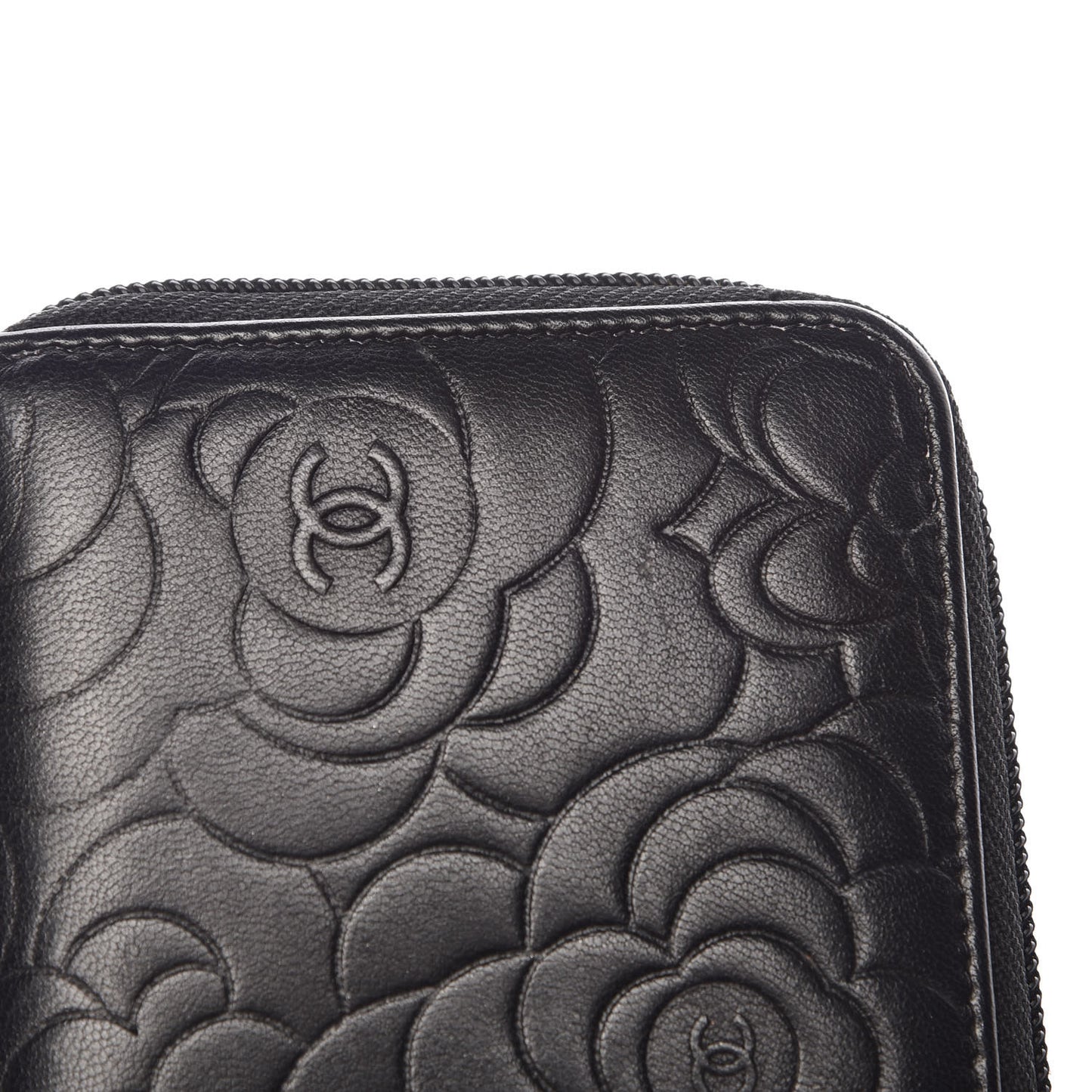 Lambskin Camellia Embossed Large Zip Around Gusset Wallet Black