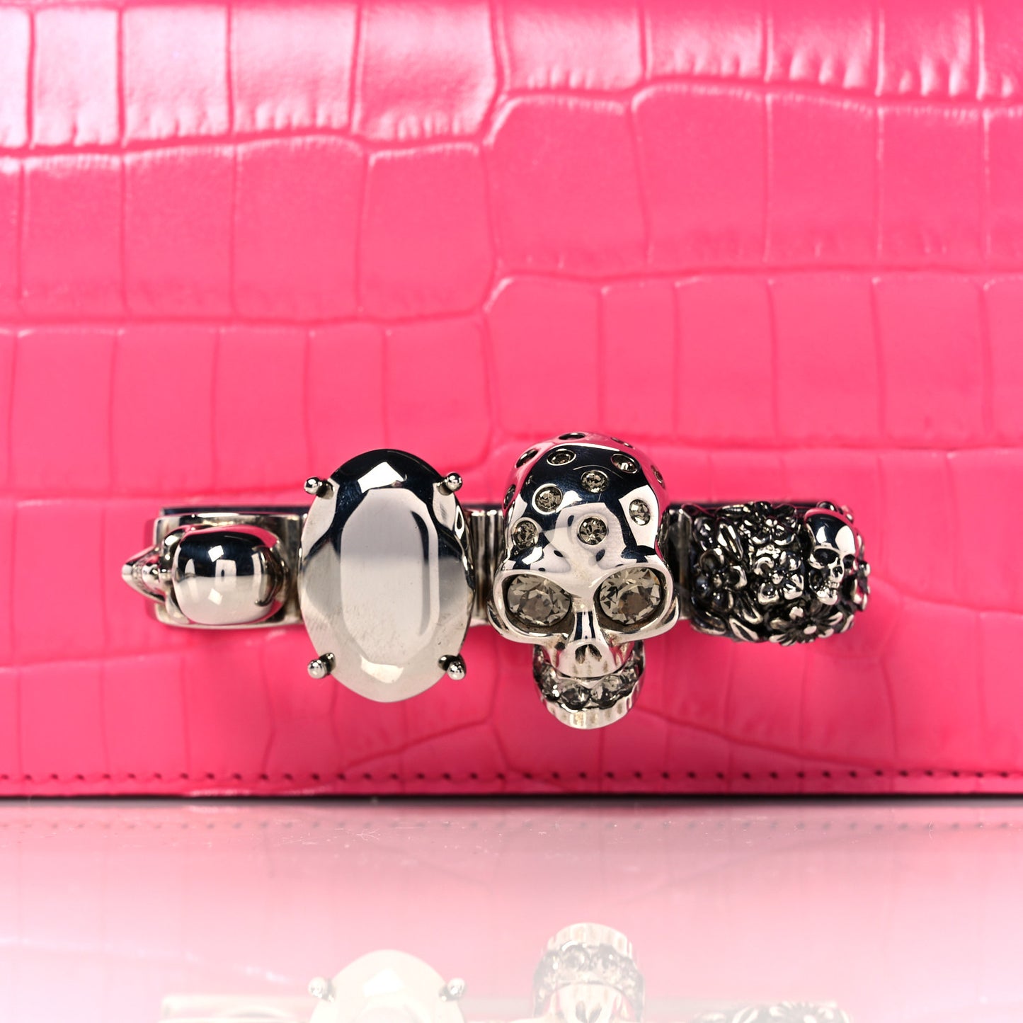 Shiny Crocodile Embossed Jeweled Satchel Peony Pink