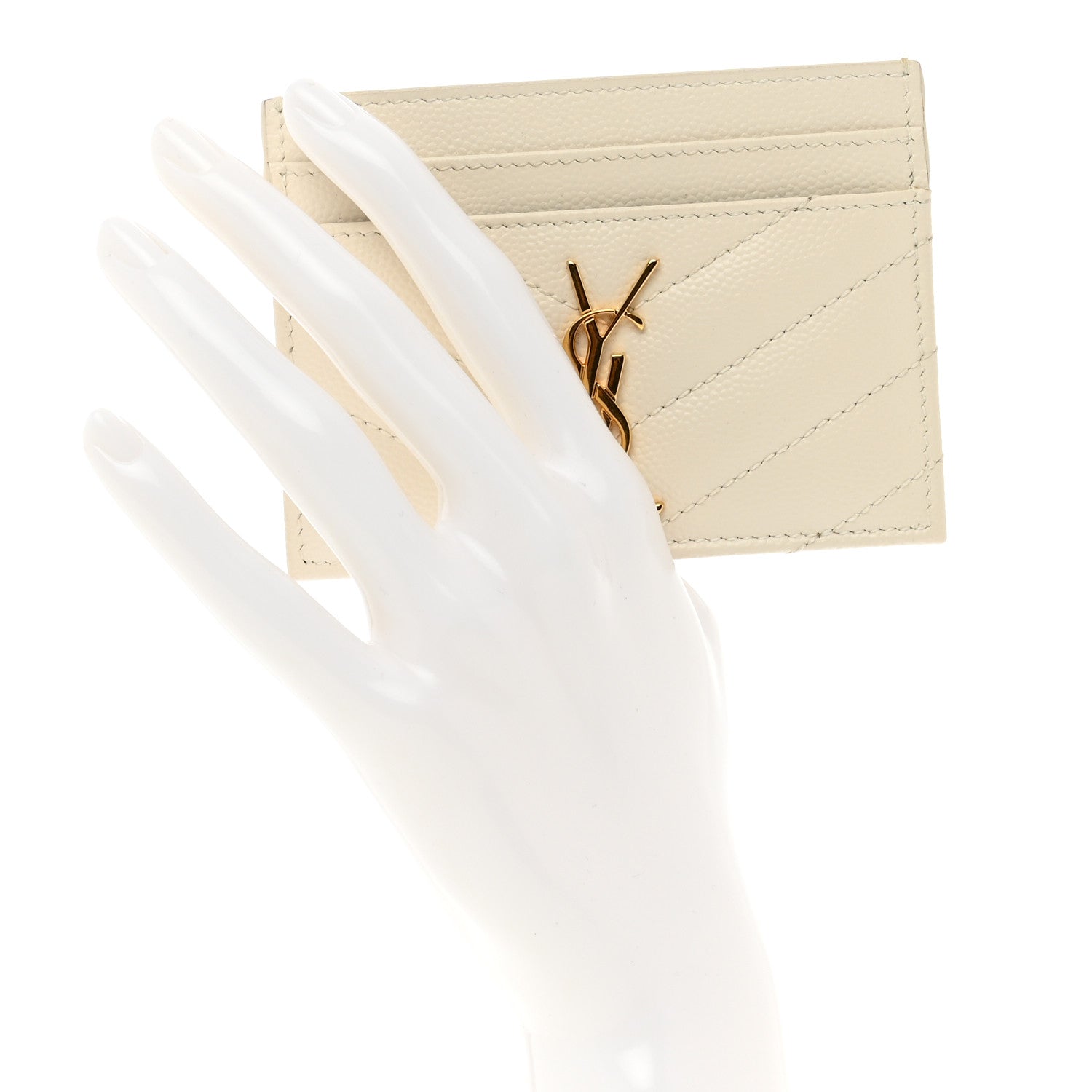 Saint Laurent Grain De Poudre Matelasse Chevron Monogram Credit Card Case Crema Soft 2 of 7