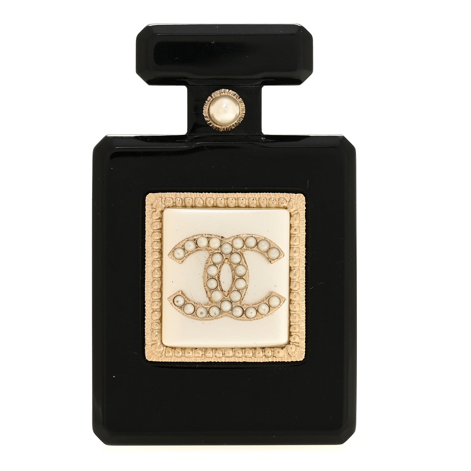 Chanel Resin Pearl Perfume Bottle CC Brooch Black Gold 1 of 3