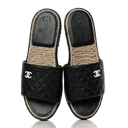 Chanel Lambskin Quilted CC Espadrille Slip On Sandals 39 Black 5 of 10