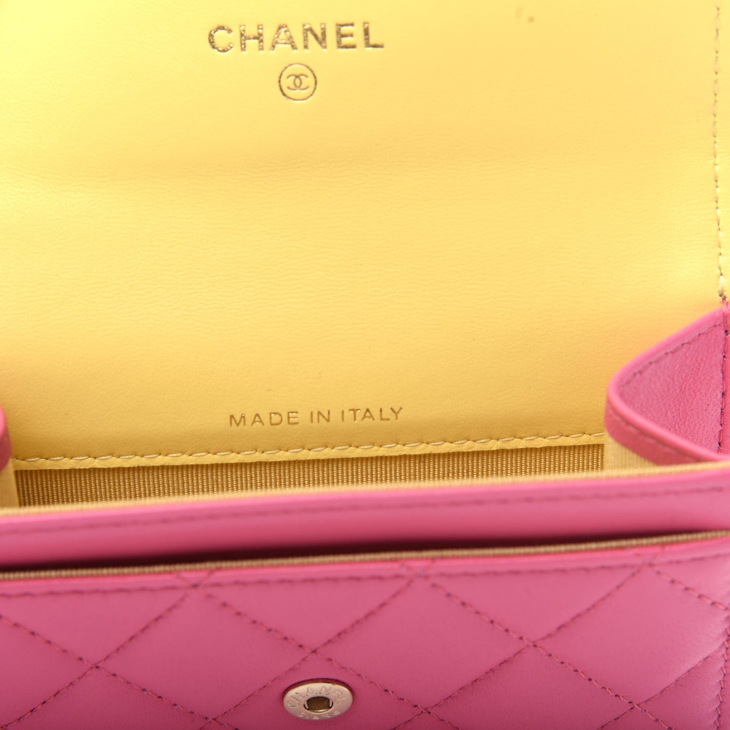 Lambskin Quilted Flap Card Holder Wallet Pink Yellow