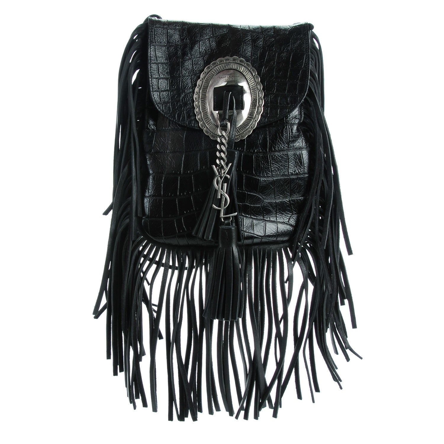 Saint Laurent Calfskin Crocodile Embossed Anita Tassed Crossbody Bag Black 1 of 7