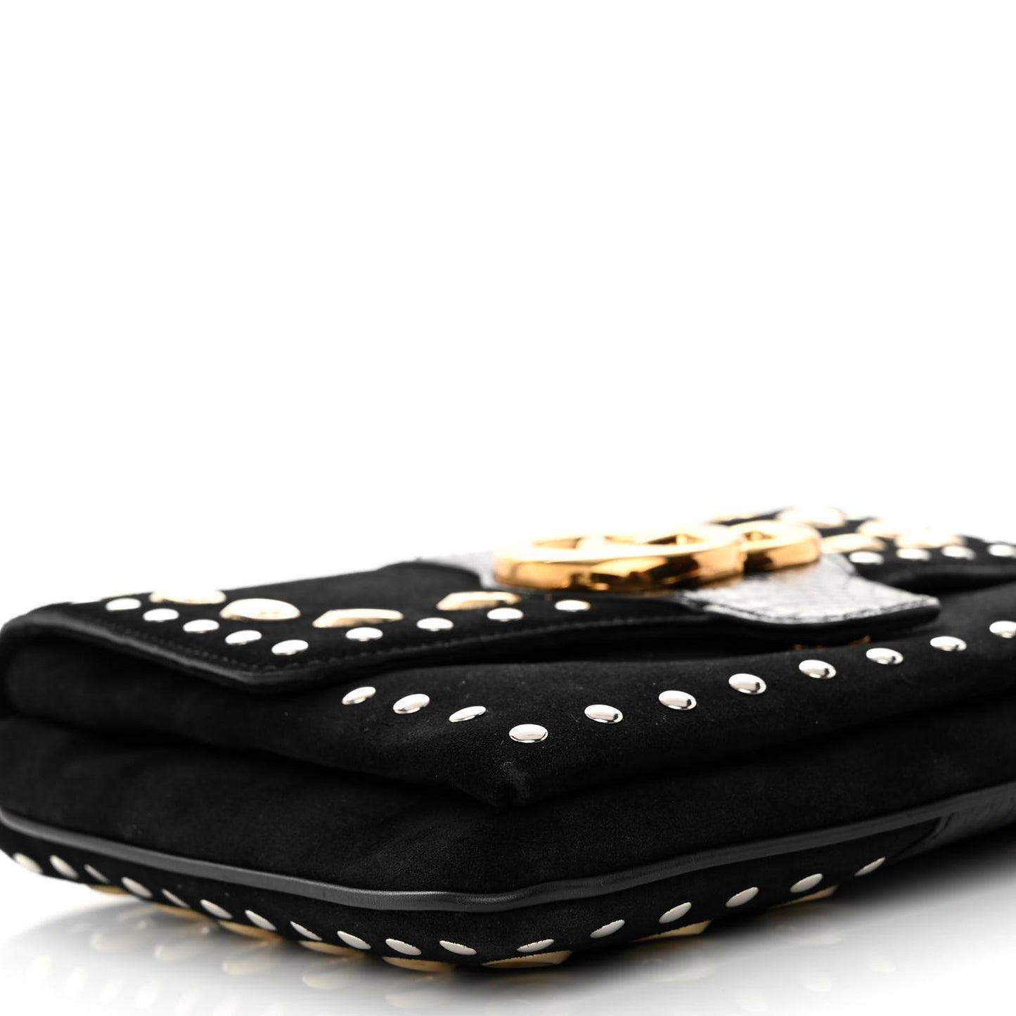 Suede Snakeskin Studded Medium Arli Flap Shoulder Bag Black