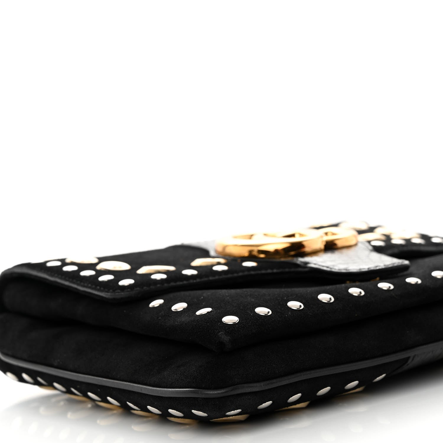 Gucci Suede Snakeskin Studded Medium Arli Flap Shoulder Bag Black 9 of 10