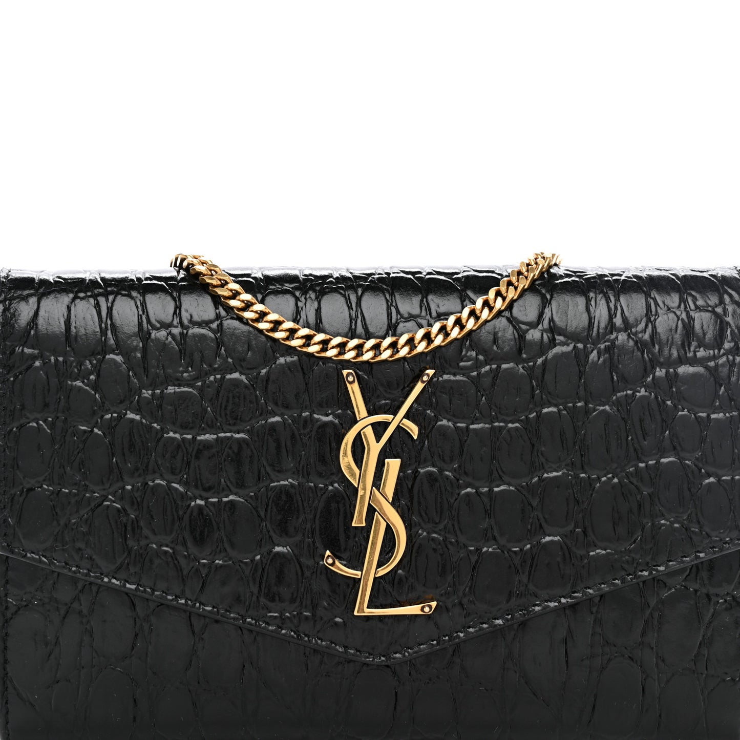 Calfskin Crocodile Embossed Monogram Uptown Chain Wallet Black