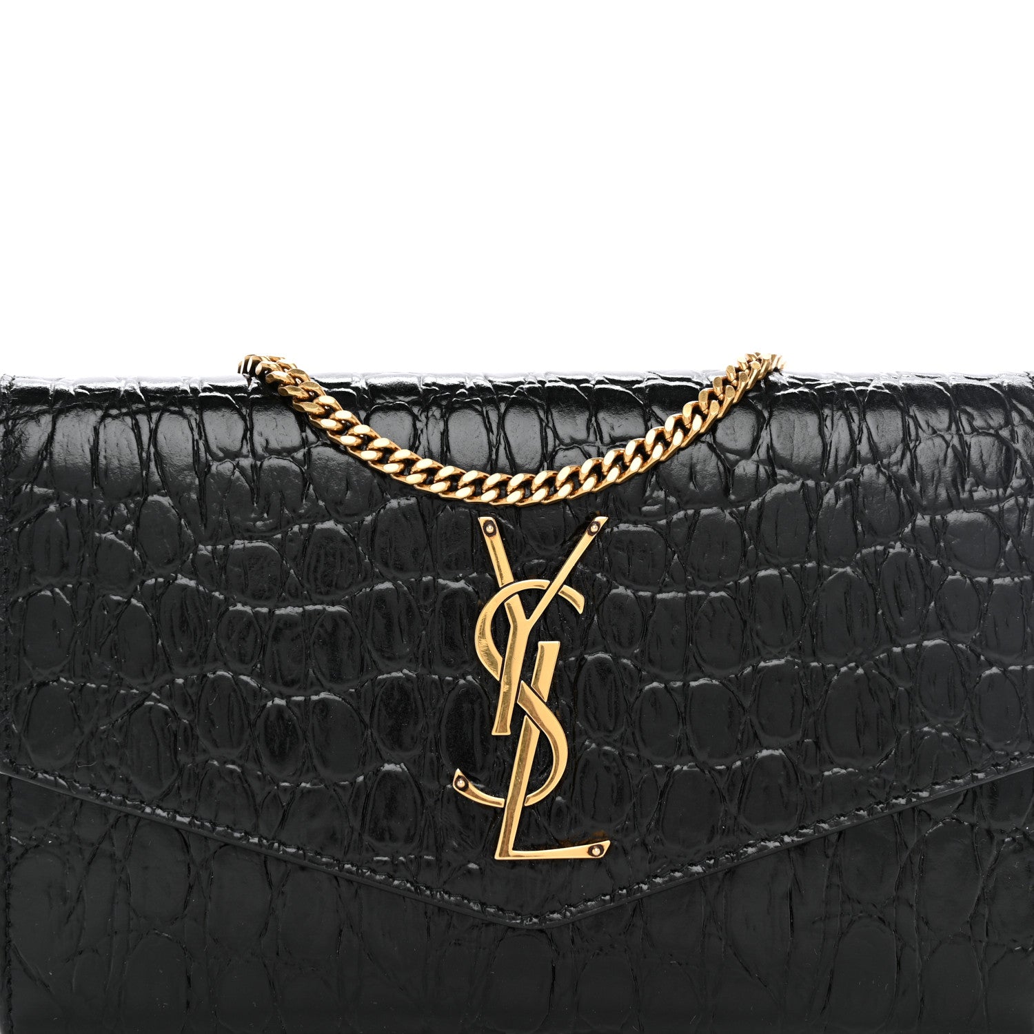 Saint Laurent Calfskin Crocodile Embossed Monogram Uptown Chain Wallet Black 10 of 13